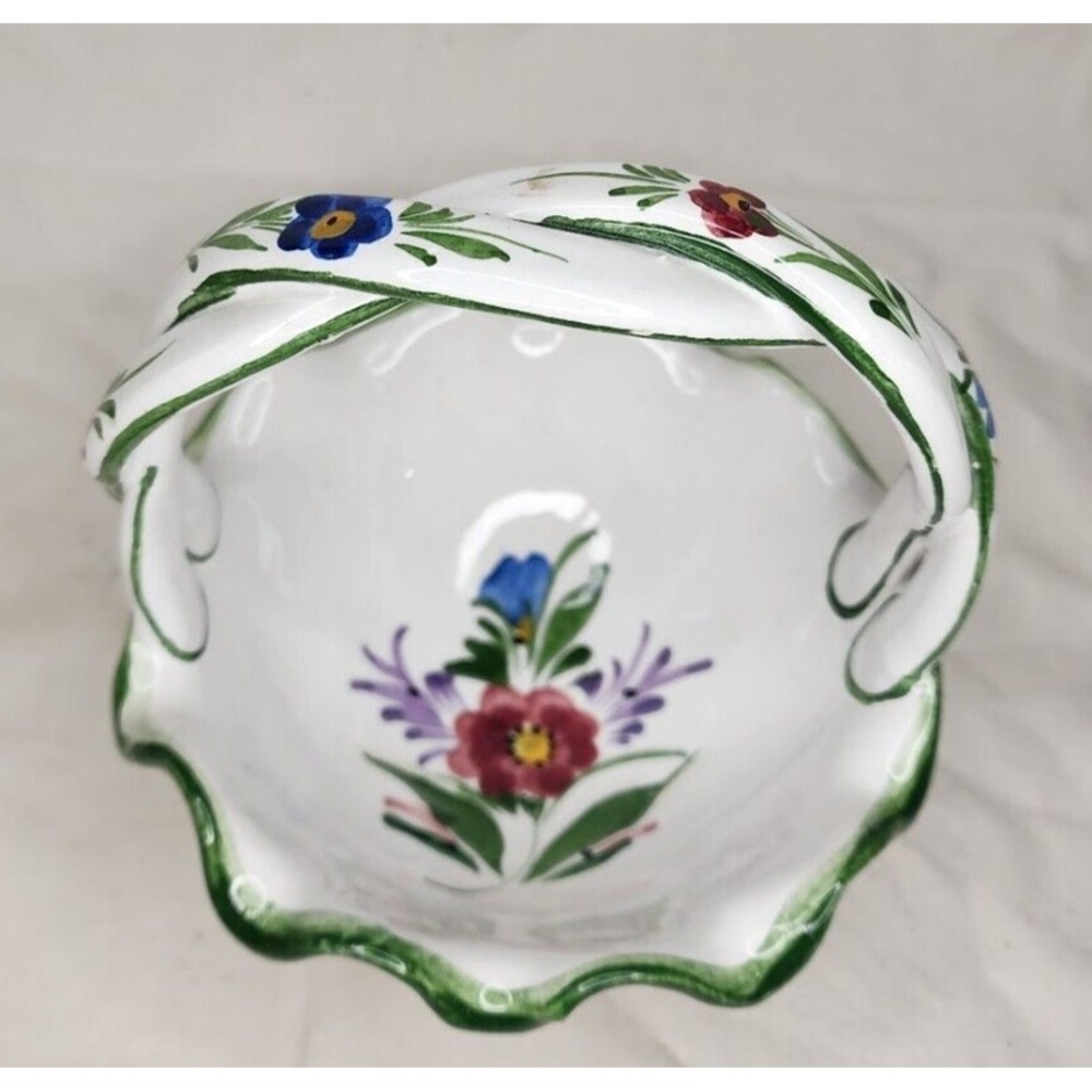 Signed Vintage RC & CL Floral Basket Hand Painted Twisted Handle Made inPortugal